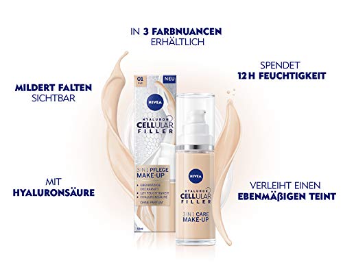 NIVEA Hyaluron Cellular Filler - Maquillaje 3 en 1 claro (30 ml), base hidratante con ácido hialurónico, maquillaje facial para una tez más equilibrada