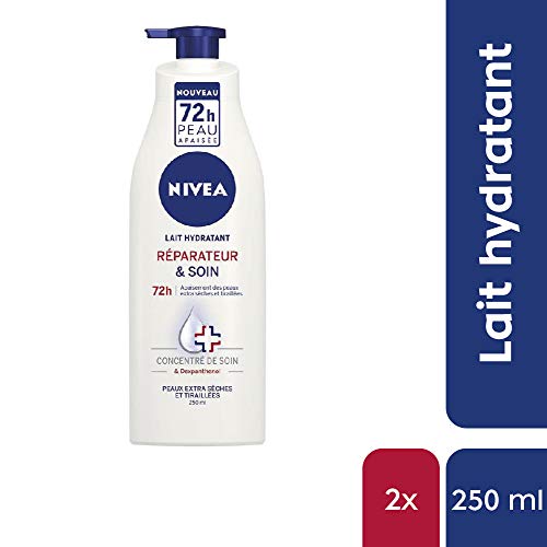 Nivea - Leche hidratante reparadora y cuidado 72 h para pieles extra secas y tirantes (2 x 250 ml), leche corporal concentrada de cuidado Nivea y Dexpanthenol, cuidado corporal hidratación 72H