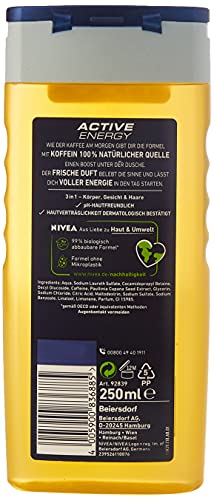 NIVEA MEN Active Energy - Gel de ducha (250 ml), refrescante gel de ducha con cafeína natural, ducha revitalizante para cuerpo, cara y cabello