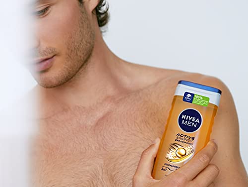 NIVEA MEN Active Energy - Gel de ducha (250 ml), refrescante gel de ducha con cafeína natural, ducha revitalizante para cuerpo, cara y cabello