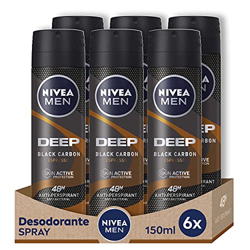 NIVEA Men Deep Espresso En Pack De 6 (6 X 150 Ml), Desodorante De Hombre Con Fragancia A Café, Desodorante Antitranspirante Para El Cuidado Masculino Con Carbón Negro, 900 Mililitro