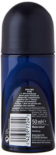 NIVEA MEN Desodorante Ultra Energetic en roll-on (50 ml), antitranspirante que protege contra la humedad de las axilas, desodorante con 48 h de protección y aroma masculino.