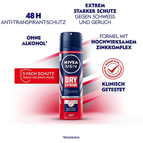 NIVEA MEN Dry Extreme - Desodorante en spray (150 ml), antitranspirante que protege contra todo tipo de sudoración, desodorante potente con complejo de zinc altamente eficaz.