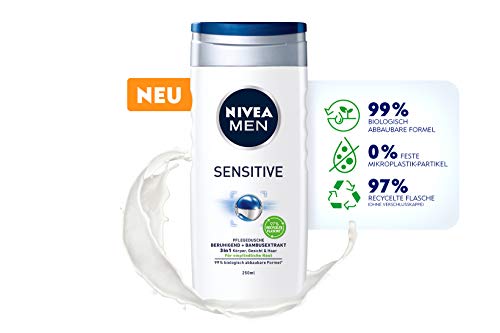 NIVEA MEN Gel de ducha Sensitive (250 ml), refrescante y nutritivo con leche de bambú, ducha hidratante para pieles sensibles