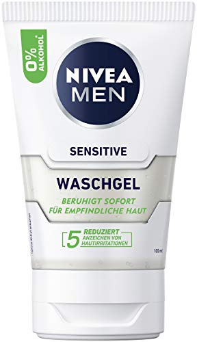 NIVEA MEN Gel de lavado sensible (100 ml), gel limpiador sin jabón con manzanilla y vitamina E para piel sensible de los hombres, limpieza facial calmante con 0% de alcohol