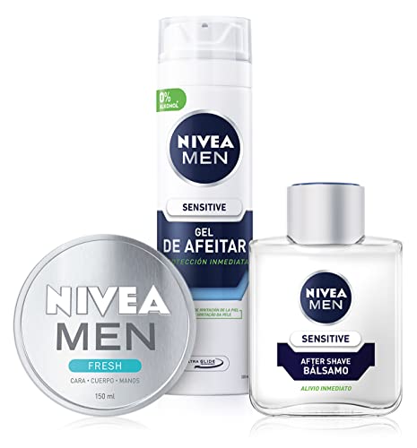 NIVEA MEN Sensitive Gel de afeitar para piel sensible + NIVEA MEN Sensitive Bálsamo After Shave + NIVEA MEN Fresh (1 x 75 ml), gel hidratante facial y corporal