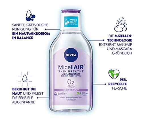 Nivea Micellair Skin Breathe agua micelar para pieles sensibles (400 ml), nutritivo removedor de maquillaje con dexpantenol y aceite de semilla de uva, limpiador suave para la cara