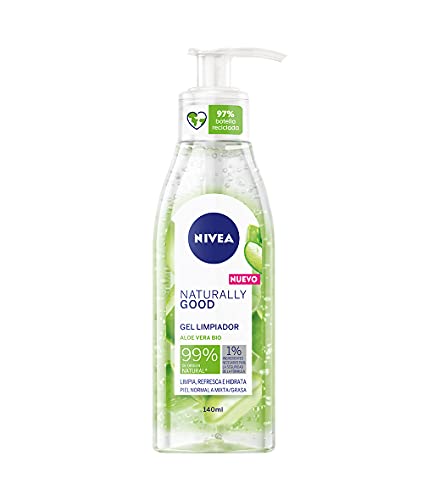 NIVEA Naturally Good Gel Limpiador con Aloe Vera Bio (1 x 140 ml), desmaquillante facial con 99% de ingredientes naturales, gel refrescante e hidratante