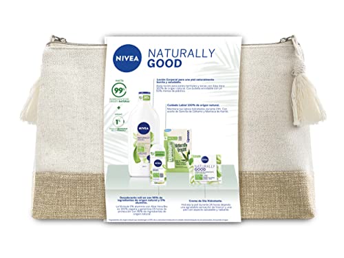 NIVEA Neceser Naturally Good Cuidado Natural con Aloe Vera, set de regalo, loción hidratante (350 ml), crema de día (50 ml), desodorante (50 ml) y bálsamo labial (4,8 g)