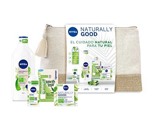 NIVEA Neceser Naturally Good Cuidado Natural con Aloe Vera, set de regalo, loción hidratante (350 ml), crema de día (50 ml), desodorante (50 ml) y bálsamo labial (4,8 g)