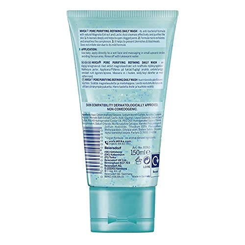 NIVEA PURIFY PORES Exfoliante de lavado diario (150 ml), exfoliante facial purificante, exfoliante facial evita puntos negros, exfoliante con extracto de magnolia natural y ácido láctico