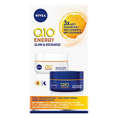 NIVEA Q10 Energy Duo Pack, contiene 1 noche de recarga de energía Q10, 1 día de brillo saludable Q10, paquete de crema hidratante, crema facial multipaquete, crema facial para mujeres