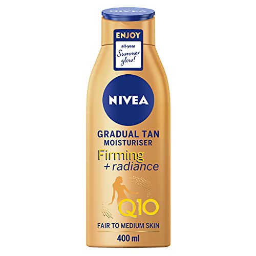 Nivea Q10 Reafirmante + Radiance Gradual Tan (400 ml), Crema Reafirmante Activante Bronceado con Q10, Soporta un Bronceado Gradual Crema Hidratante Bronceado para un Brillo Radiante Beso