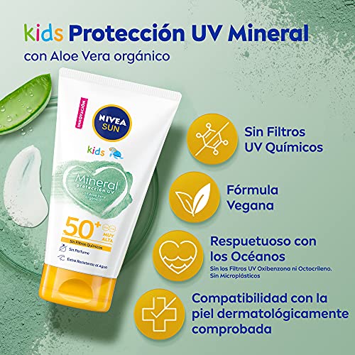 NIVEA SUN Crema Solar Niños Mineral FP 50+ (1 x 150 ml), protector solar infantil extrarresistente al agua con fórmula vegana y sin perfume, protección solar muy alta