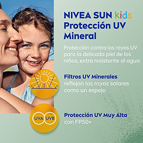 NIVEA SUN Crema Solar Niños Mineral FP 50+ (1 x 150 ml), protector solar infantil extrarresistente al agua con fórmula vegana y sin perfume, protección solar muy alta