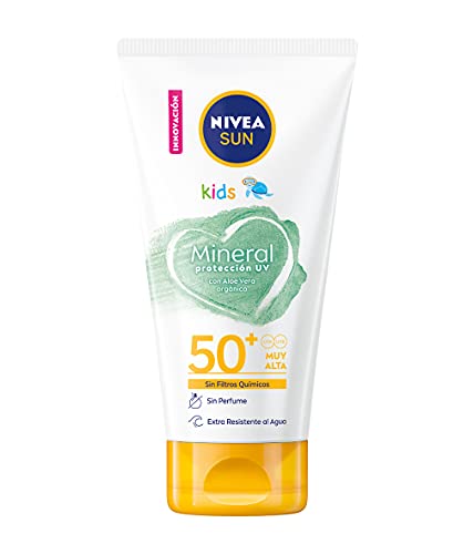 NIVEA SUN Crema Solar Niños Mineral FP 50+ (1 x 150 ml), protector solar infantil extrarresistente al agua con fórmula vegana y sin perfume, protección solar muy alta