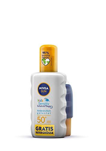 NIVEA Sun Kids Sensitiv Protección y cuidado solar Spray SPF 50+ incluye tamaño de viaje gratis (200 ml + 50 ml), crema solar impermeable para pieles sensibles de niños