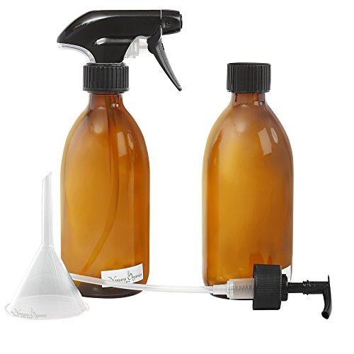 Nomara Organics® Juego de botella de Spray de vidrio ámbar + Loción Bomba 300 ml..aceite dispensador + transferencia embudo