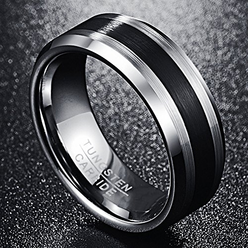 NUNCAD Anillo Hombre Mujer Pareja de Tungsteno con Raya de Negro 8mm Plateado Cepillado para Boda Día de San Valentín Compañía Amistad Talla 61 (19,4mm)