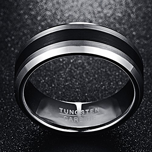 NUNCAD Anillo Hombre Mujer Pareja de Tungsteno con Raya de Negro 8mm Plateado Cepillado para Boda Día de San Valentín Compañía Amistad Talla 61 (19,4mm)