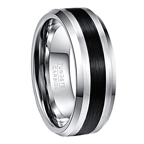 NUNCAD Anillo Hombre Mujer Pareja de Tungsteno con Raya de Negro 8mm Plateado Cepillado para Boda Día de San Valentín Compañía Amistad Talla 61 (19,4mm)