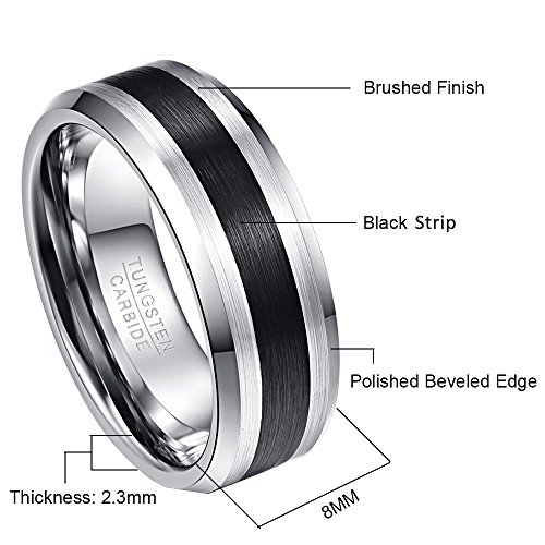 NUNCAD Anillo Hombre Mujer Pareja de Tungsteno con Raya de Negro 8mm Plateado Cepillado para Boda Día de San Valentín Compañía Amistad Talla 61 (19,4mm)