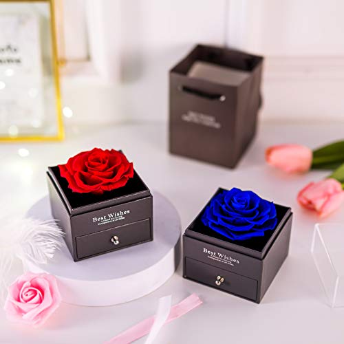 Nuptio Rosa Roja Preservada para Siempre para Novia, Flor Rosa Real Eterna, Regalo Cumpleaños Aniversario Boda Ella, Flor Fresca Infinita con Caja Regalo Joyería para el Día San Valentín, Día La Madre