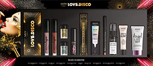 NYX Professional Makeup Set de Maquillaje Deluxe Celebration, 12 Productos para Ojos y Labios, Preparación y Fijación, Iluminadores para Rostro y Cuerpo, Tamaños Mini y Normal