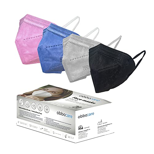 Obbocare - Mascarillas FFP2 Con 5 Capas. Mascarilla FFP2 Homologada Con Certificado CE. Negro, Gris, Azul y Rosa. Envasadas Individualmente. Fabricadas En España. Caja De 20 Uds, 5 De Cada Color