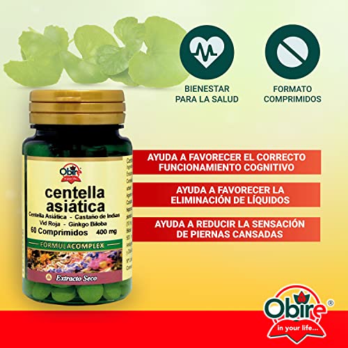 Obire | Centella Asiática COMPLEX 400 mg | Suplemento Alimenticio de Castaño de Indias, Vid Roja, Ginkgo Biloba y Vitamina B-6 | Favorece la Circulación y Eliminación de Líquidos | Cápsulas Vegetales