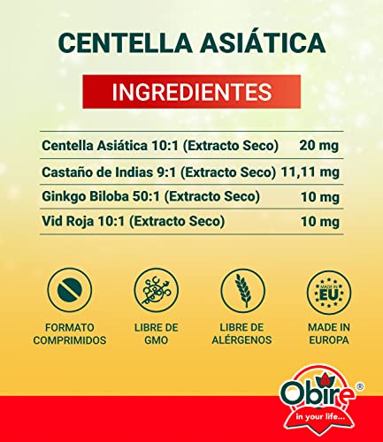 Obire | Centella Asiática COMPLEX 400 mg | Suplemento Alimenticio de Castaño de Indias, Vid Roja, Ginkgo Biloba y Vitamina B-6 | Favorece la Circulación y Eliminación de Líquidos | Cápsulas Vegetales