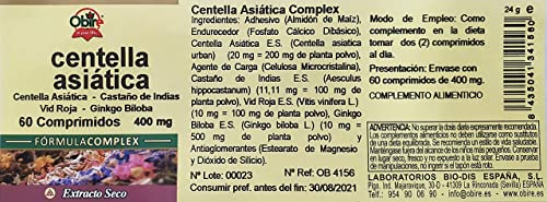 Obire | Centella Asiática COMPLEX 400 mg | Suplemento Alimenticio de Castaño de Indias, Vid Roja, Ginkgo Biloba y Vitamina B-6 | Favorece la Circulación y Eliminación de Líquidos | Cápsulas Vegetales