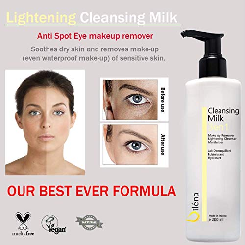 Oïléna Leche Facial Desmaquillante con Vitamina E y Aloe Vera 3en1 Limpiador de Poros Antimanchas Hidratante Waterproof Contorno de Ojos Corrector Ojeras Elimina el maquillaje y las manchas 200 ml