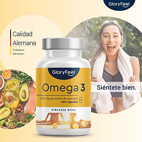 Omega 3 Aceite de Pescado - 400 Cápsulas de Omega 3 en forma de triglicéridos (Suministro para 14 meses) - 1000mg por Cápsula - Con ácidos grasos Omega 3 EPA y DHA