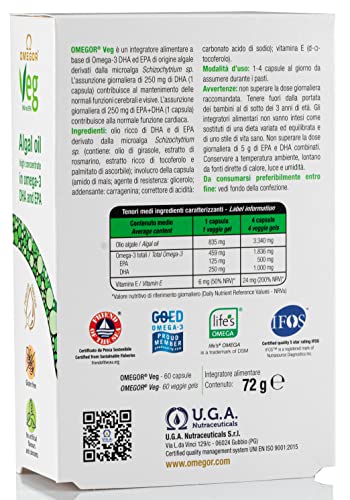 OMEGOR® VEG - Aceite algal Omega 3 Vegan | El único certificado IFOS | 250 mg de DHA y 125 mg de EPA por cápsula | Forma TG | 60 cápsulas, suministro 2 meses | 100% VEGAN