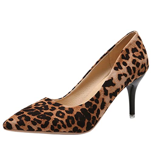 Onsoyours Moda Tacones Altos Señoras Maduras Tacones Altos Zapatos De Mujer De Cuero Suave PU Tacones Altos Desnudos De Punta Puntiaguda Leopardo 36