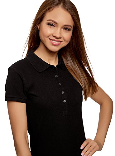 oodji Ultra Mujer Polo Básico de Tejido Piqué, Negro, ES 40 / M