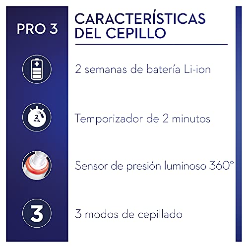 Oral-B PRO 3 Cepillo de Dientes Eléctrico con Mango Recargable y Sensor de Presión, Tecnología Braun y 1 Cabezal de Recambio, 3000 - Negro