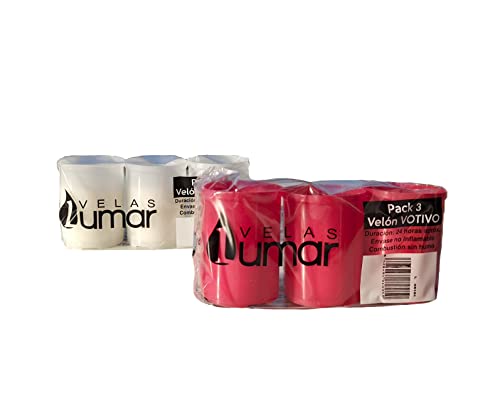 Pack 12 Velones Pequeño Blanco/Rojo Velón Votivo de 3 unidades envueltas Sin humo Sin perfume Aproximada 24 horas de combustión Envase no Inflamable (12 VELAS, BLANCO)