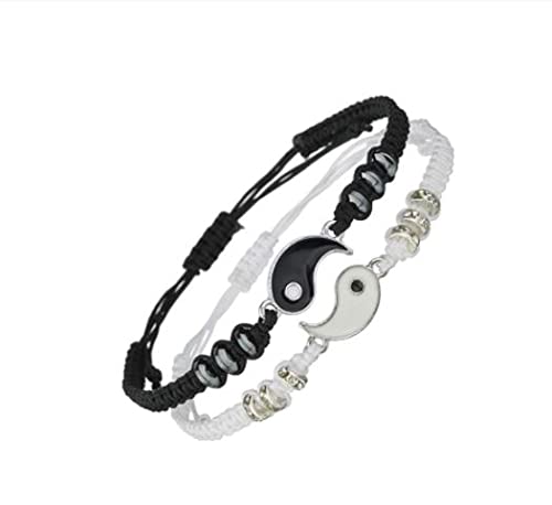 Pack 2 Pulseras Yin Yang Trenzada , Pulseras de Cordón Ajustable con Símbolo Taoísta Yin Yang para la Relación, Novio, Novia, Amante, Mujeres, Hombres, Mejor Amigo BFF, unisex (con bolsa de regalo)