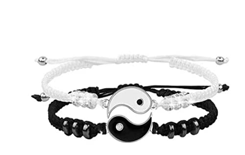 Pack 2 Pulseras Yin Yang Trenzada , Pulseras de Cordón Ajustable con Símbolo Taoísta Yin Yang para la Relación, Novio, Novia, Amante, Mujeres, Hombres, Mejor Amigo BFF, unisex (con bolsa de regalo)