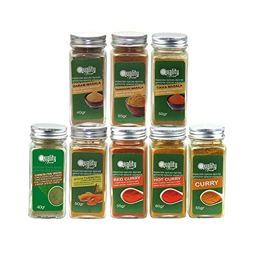 Pack de especias Masala. Ideal para regalo y uso diario. 8 Tarros de cristal, reutilizables. 5 especias chinas, Curry Dulce, Picante y Rojo, Garam Masala, Tikka Masala, Tandoori Masala