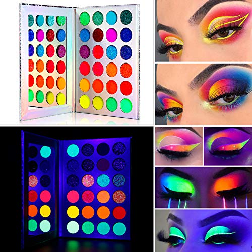 Paleta de sombras de ojos Neon Glow in the Dark, DE'LANCI Aurora Glow Eyeshadow, Kit de maquillaje de Halloween UV Glow Blacklight Matte y Glitter Fluorescent Eye Shadows Pigment Luminous