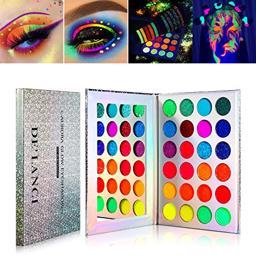 Paleta de sombras de ojos Neon Glow in the Dark, DE'LANCI Aurora Glow Eyeshadow, Kit de maquillaje de Halloween UV Glow Blacklight Matte y Glitter Fluorescent Eye Shadows Pigment Luminous