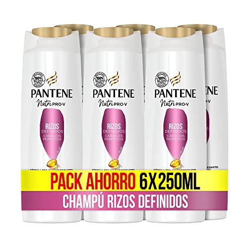 Pantene Champú Rizos Definidos Nutri Pro-V, fórmula Pro-V + antioxidantes, para cabello encrespado y rebelde, 250 ML x 6