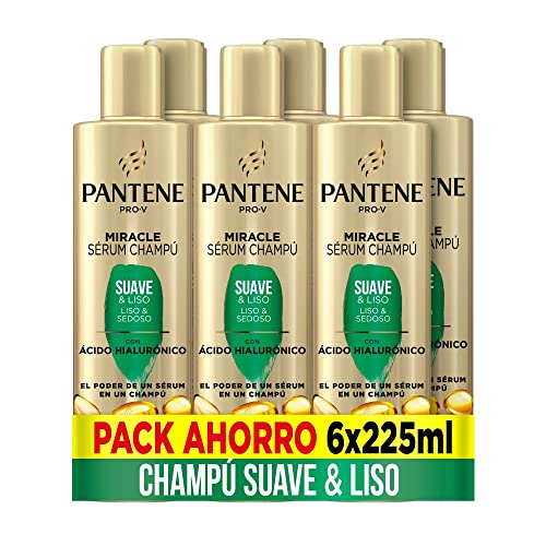 Pantene Pro-V Champú Miracle Serum Suave & Liso con ácido hialurónico, la eficacia de un sérum en un champú, para cabello seco y sin vida, 225ml x6