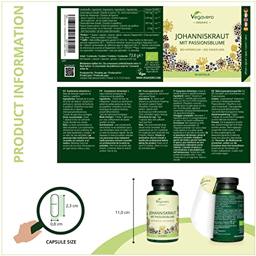 Pasiflora + Hipérico Orgánico Vegavero® | Dosis Más Alta de Hipericina: 380 mcg | Sin Aditivos | Relajante Ansiedad & Dormir Bien | Fuente de Flavonoides | Apto Para Veganos | 90 Cápsulas