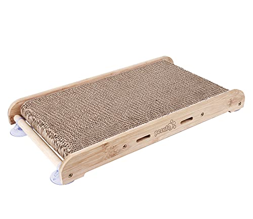 Pecute Rascador para Gatos de Cartón con Hierba gatera Alfombras Rscadoras Soporte de Bambú Natural con 4 Fuertes Ventosas Reemplazable (Rascador para Gatos con Soporte)