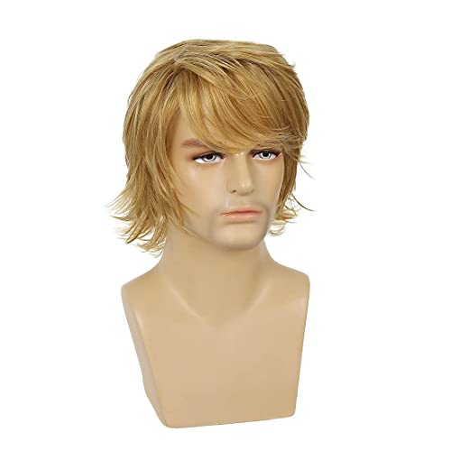 Peluca para hombre Rubio de capas cortas Pelucas sintéticas masculinas de onda natural con flequillo Disfraz de fiesta de Halloween Cosplay Diario