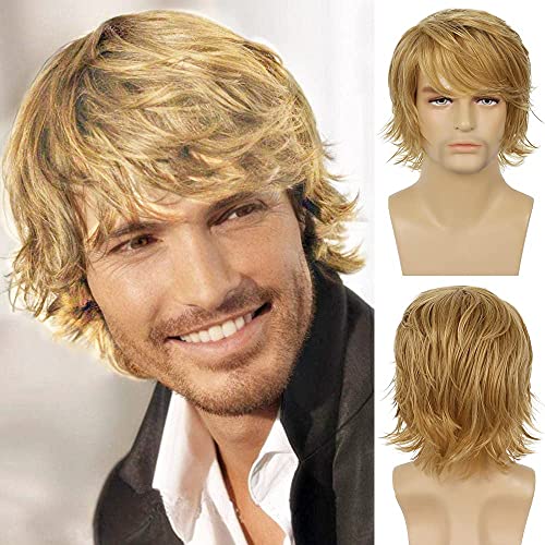 Peluca para hombre Rubio de capas cortas Pelucas sintéticas masculinas de onda natural con flequillo Disfraz de fiesta de Halloween Cosplay Diario